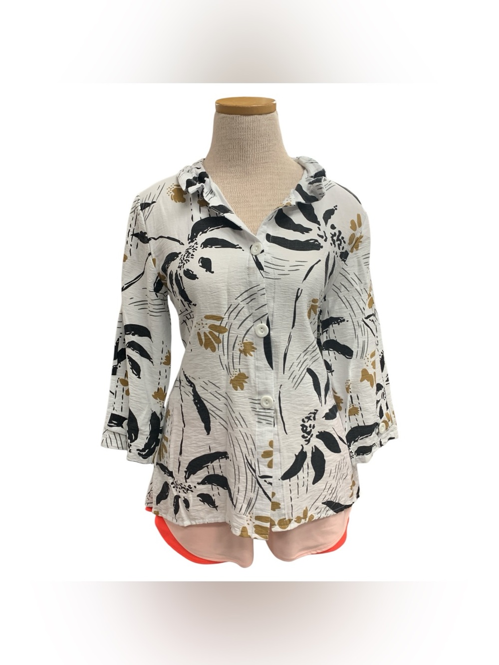 Creation White Printed Button-Front Shirt with Black and Gold Motif Size S